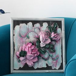Roses painting, 3d sculpture art, palette knife painting, an original interior accent and a good gift idea.