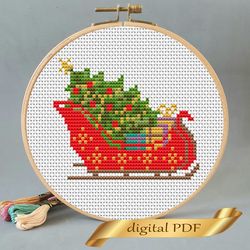 Christmas tree pattern pdf cross stitch, Easy embroidery Christmas tree in a sleigh.