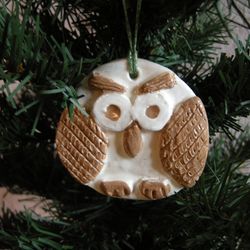 Ceramic Owl Ornament. Car Mirror Hanging. Cristmas tree pottery