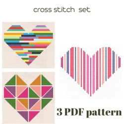 Heart cross stitch pattern Set 3 patterns Cross stitch for beginner /140/