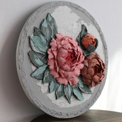 Peony painting, original floral plaster sculpture, textured wall decor, palette knife painting.
