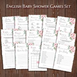 floral baby shower games bundle, peony baby shower theme party, baby games, wishes for baby, scramble, advice printable