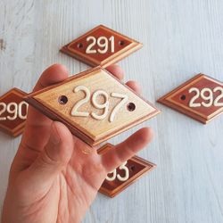 Retro address door number sign 297 - vintage wooden rhomb number plate