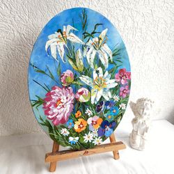 Lilies Peonies Pansies Daisies Oil Painting Flowers Original Art Flower Bouquet Artwork
