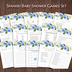 Juegos de Baby Shower, Blue Floral Spanish Baby Shower Games, Blue Juegos para Baby Shower, Es Nino Juegos Printable