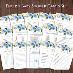 Blue Floral Baby Shower Games Bundle, Baby Shower Theme Party, Baby Games, Wishes for Baby, Scramble, Advice Printable