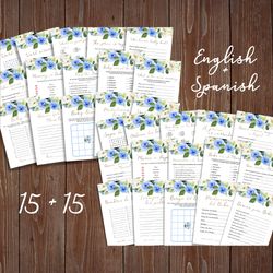 Blue Floral Bilingual Baby Shower Games, English and Spanish Baby Shower Games, Boy Baby Shower Games Bundle Printable