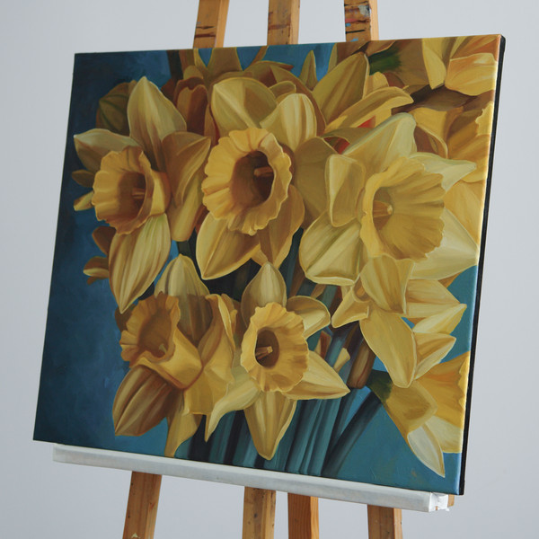 yellow daffodils bouquet on blue background flowers oil painting on canvas 1.jpg