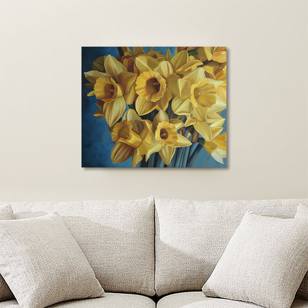 yellow daffodils bouquet on blue background flowers oil painting on canvas 1.jpg