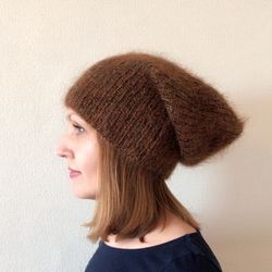 womens slouchy beanie with mohair and lurex, hand knitted cuffed beanie, high top beanie, rib knit hat for women