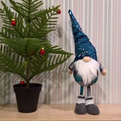 Christmas Gnome with Blue-Silver Sequin, Nordic Xmas Home Decoration Scandinavian Tomte