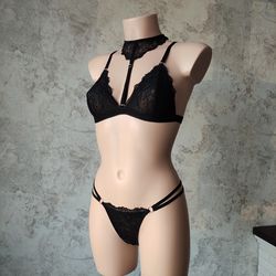 Women's Lingerie Set, See Through Black  Sexy  Bralette and G String. Handmade to order by Lola Lingerie