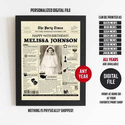 94th birthday, 94th birthday newspaper, 94th birthday gift for grandma, 94th birthday ideas, 94th vintage look poster