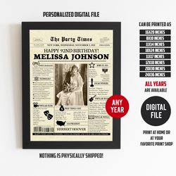 92nd birthday, 92nd birthday newspaper, 92nd birthday gift for grandpa, 92nd birthday ideas, 92nd vintage look poster