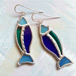 Blue fish earrings, stained glass earrings