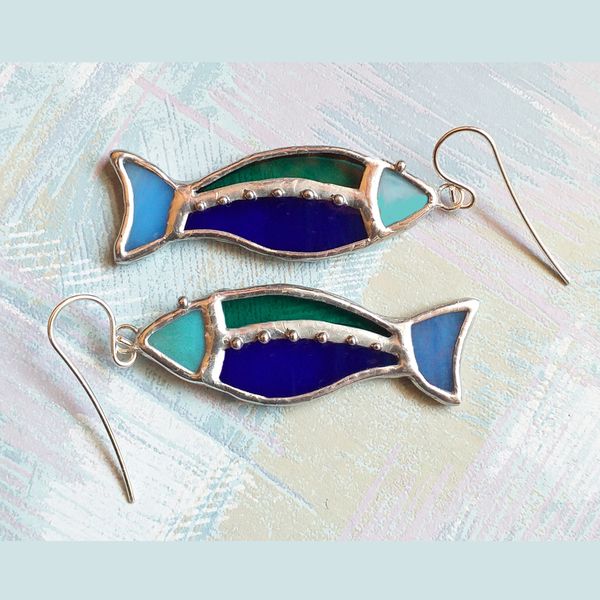 Blue fish earrings, stained glass earrings - Inspire Uplift