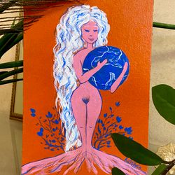 Earth goddess Gaia. Mermaid painting. Erotic wall art. Abstract nude painting.
