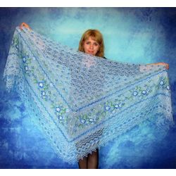Light blue embroidered Orenburg Russian shawl, Warm bridal cape, Hand knit cover up, Wool wrap, Handmade stole, Kerchief