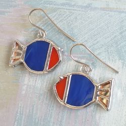 Little fish earrings, Stained glass blue earrings