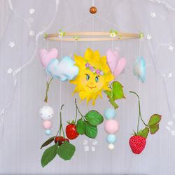 baby mobile crib girl with red berries. sun nursery mobile. neutral baby mobile for nursery decor. baby shower gift.