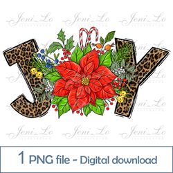 JOY Poinsettia leopard print 1 PNG file Merry Christmas clipart Christmas Sublimation Red Flower design Digital Download