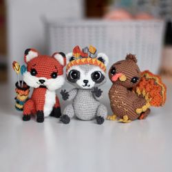 3 in 1 Crochet Thanksgiving day pattern, amigurumi Turkey, Raccoon toy, Fox pdf tutorial, DIY Amigurumi cute toy