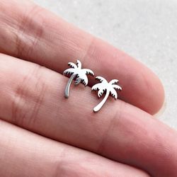 Small Dainty Palm tree stud earrings, Stainless steel jewelry