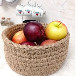 jute storage basket. handmade crocheted basket in boho style