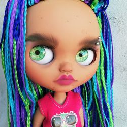 Blythe custom doll Karina braids green blue purple hair dark skintone piercing tbl ooak doll christmas gift