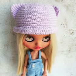 Blythe hat crochet lilac Cat for custom blythe doll clothes blythe panama