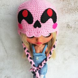 Blythe hat crochet pink Skeleton black felt eyes for custom blythe halloween clothes blythe outfit