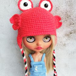 Blythe hat crochet red Crab for custom blythe halloween outfit doll fashion clothes blythe accessories