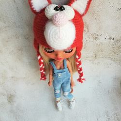 Blythe hat crochet red Cat for blythe doll halloween outfit doll clothes animal hat for doll blythe accessoires