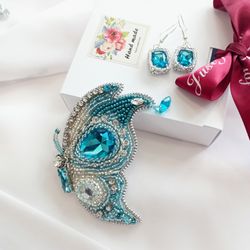 Handmade crystal aquamarine butterfly brooch earrings set for women, butterfly pin, gift for her, aquamarine jewelry set