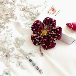 Beaded rhinestone flower brooch for women, crystal flower brooch, burgundy pin, gift for her, coworker gift, bag pin