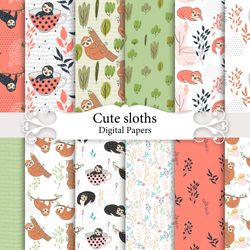 cute sloths, seamless patterns.