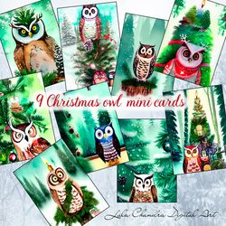 9 christmas owl  mini cards, aceo cards, instant download, digital owls,  artist cards, art journal printable, decoupage