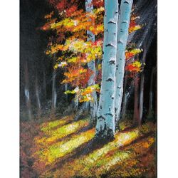 Autumn Painting Original Art Birches Wall Art  Acrylic Small Painting Landscape Artwork  8" by 6" by TimPaintings