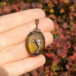 Tigers Eye Wire Wrapped Yggdrasil World Tree Necklace, Copper Tree Of Life Pendant, Protection Amulet Necklace, Talisman