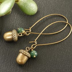 Acorn Earrings Green Moss Agate Earrings Bronze Long Wire Dangle Drop Earrings Woodland Forest Earrings Jewelry 5918