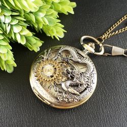 Steampunk Mechanical Pocket Watch Dragon Pendant Necklace Watch Gears Steam Punk Jewelry Accessory Memorable Gift 8232