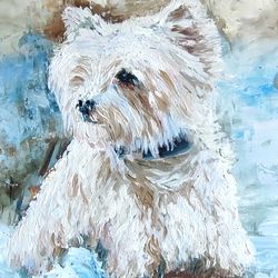 Doggy little white painting Impressionism Original art Oil artwork impasto