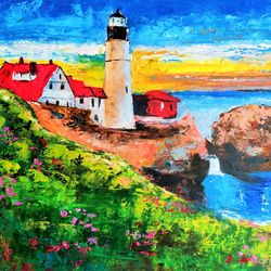 Lighthouse Painting Original Art Sea Sunset Painting Lighthouse Artwork Maine Landscape New England Painting 11" by 14"