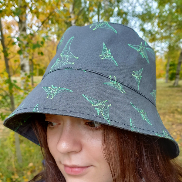 Cotton bucket hat with dinosaurs. Summer sun hat. Hat bucket with pterodactyls. Summer hat for travel and festival.