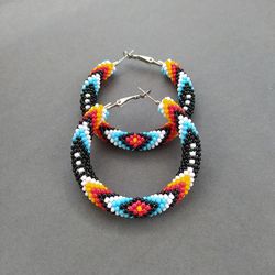 Blue ethnic round beaded earrings, beaded ring earrings, Southwest beaded Hoop earrings, Colorful Native Style Earrings