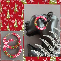 Red beaded hoop earrings. Christmas Beaded Hoops Earrings. Christmas Tree Earrings.