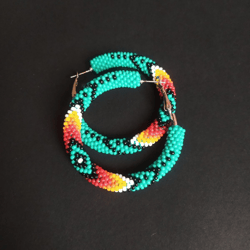 Turquoise beaded Hoop earrings, Ethnic Style Hoop Earrings, Southwest beaded Hoop earrings,  Bead Crochet Hoops
