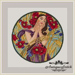 Alphonse Mucha August Cross Stitch Pattern PDF Art Nouveau Romance Girl Round Embroidery Compatible Pattern Keeper