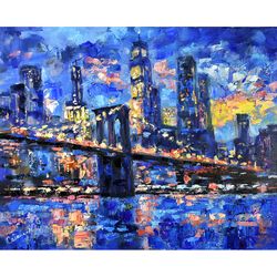 Brooklyn Bridge Painting New York Original Art Canvas Artwork Sunset Impressionism