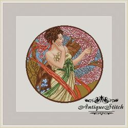 Alphonse Mucha April Cross Stitch Pattern PDF Art Nouveau Romance Girl Round Embroidery Compatible Pattern Keeper
